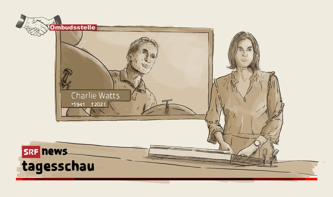 Die Illustration zeigt die Tagesschau-Moderatorin bei der Anmoderation des Beitrags. Im Hintergrund ist ein Fotos des verstorbenen Charlie Watts zu sehen