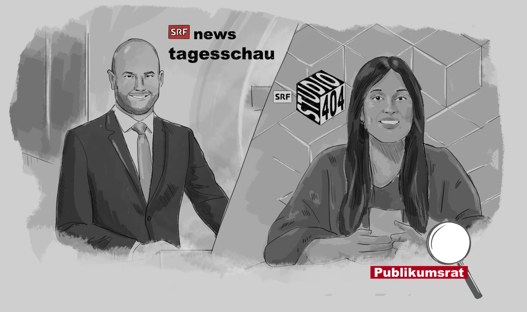 Die Illustration zeigt einen Moderator der "Tagesschau" und ein Host von "Studio 404" im passenden Studio-Dekor.