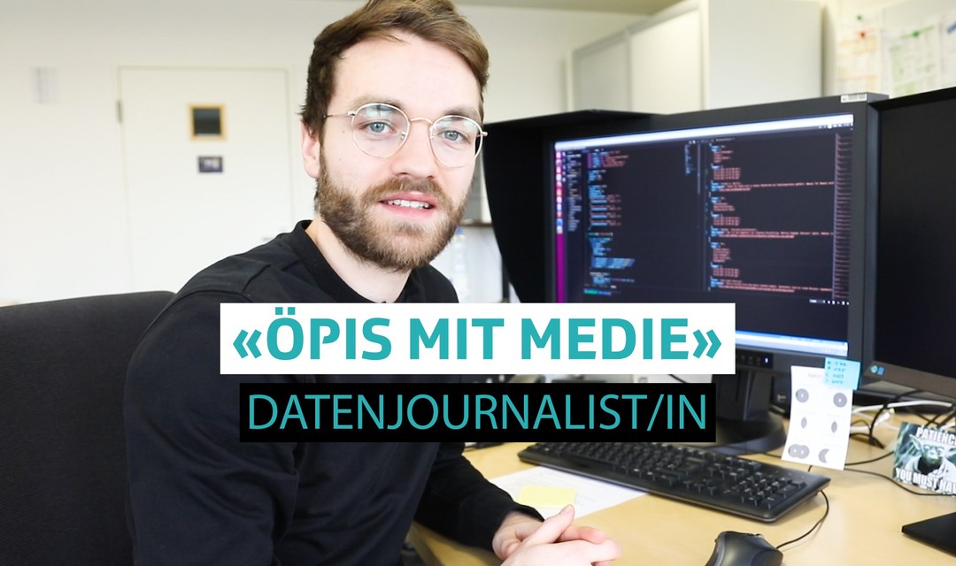 Datenjournalist Angelo Zehr schaut in Kamera. Öpis mit Medie Datenjournalist/in steht geschrieben