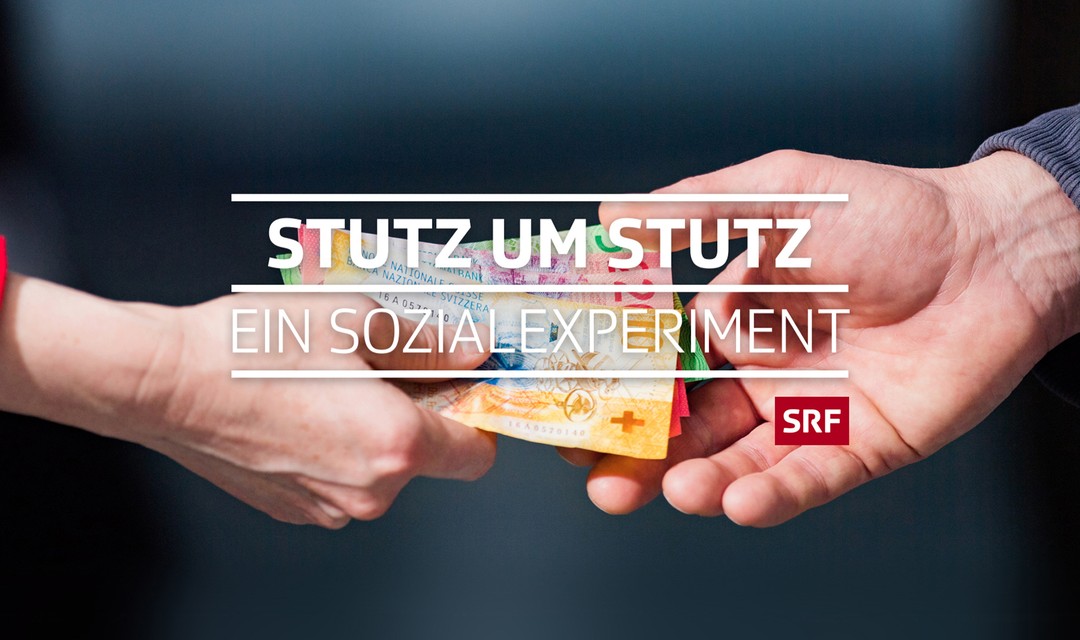 Zwei Hände bei Geldübergabe, davor Stutz um Stutz Schriftzug