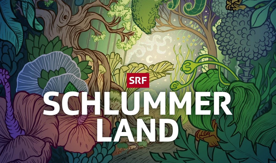 Zeichnung eines Waldes voller Blumen mit dem Wort "Schlummerland" davor