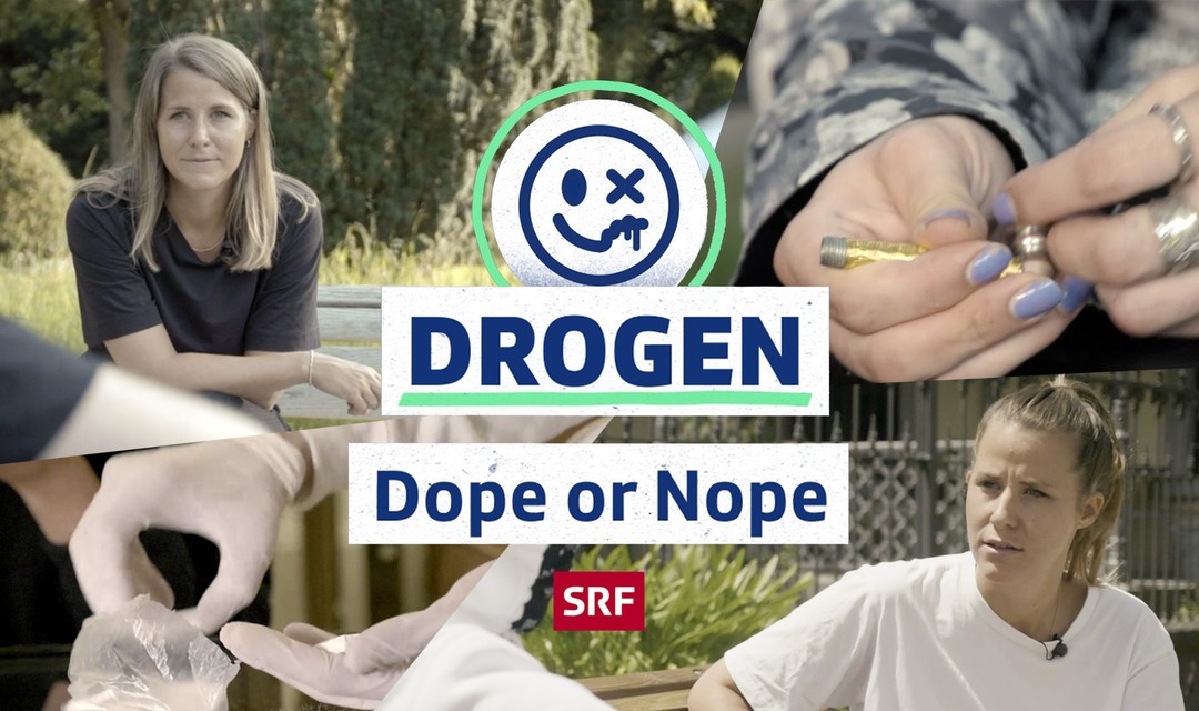 Joana Mauch draussen beim Gespräch mit zwei drogensüchtigen Personen