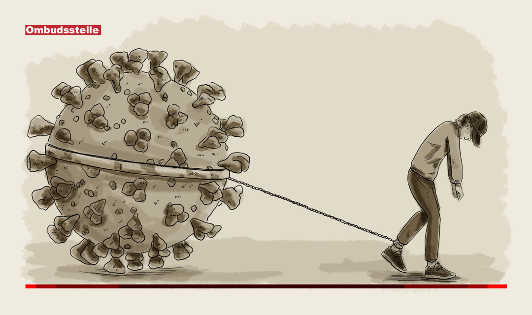 Die Illustration zeigt eine Person, die müde ein felsbrockengrosses Corona-Virus an einer Kette am Fuss hinter sich herzieht.