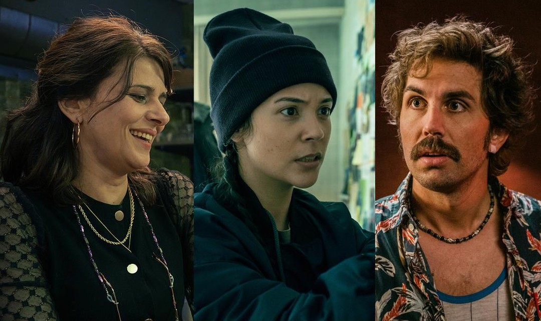 Foto der drei ausgezeichneten Darsteller:innen in SRF-Produktionen. von links Lale Yavas als Inci Can in «Die Beschatter», Meryl Marty als Agotha Bayani in «Die Beschatter», David Constantin als Bax in «Tschugger»