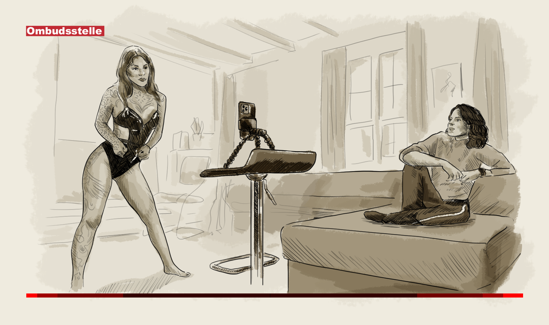 Die Illustration zeigt eine leicht bekleidete Frau posierend vor einer Handykamera in ihrem Wohnzimmer. Moderatorin Mona Vetsch sitzt auf dem Sofa und schaut zu.
