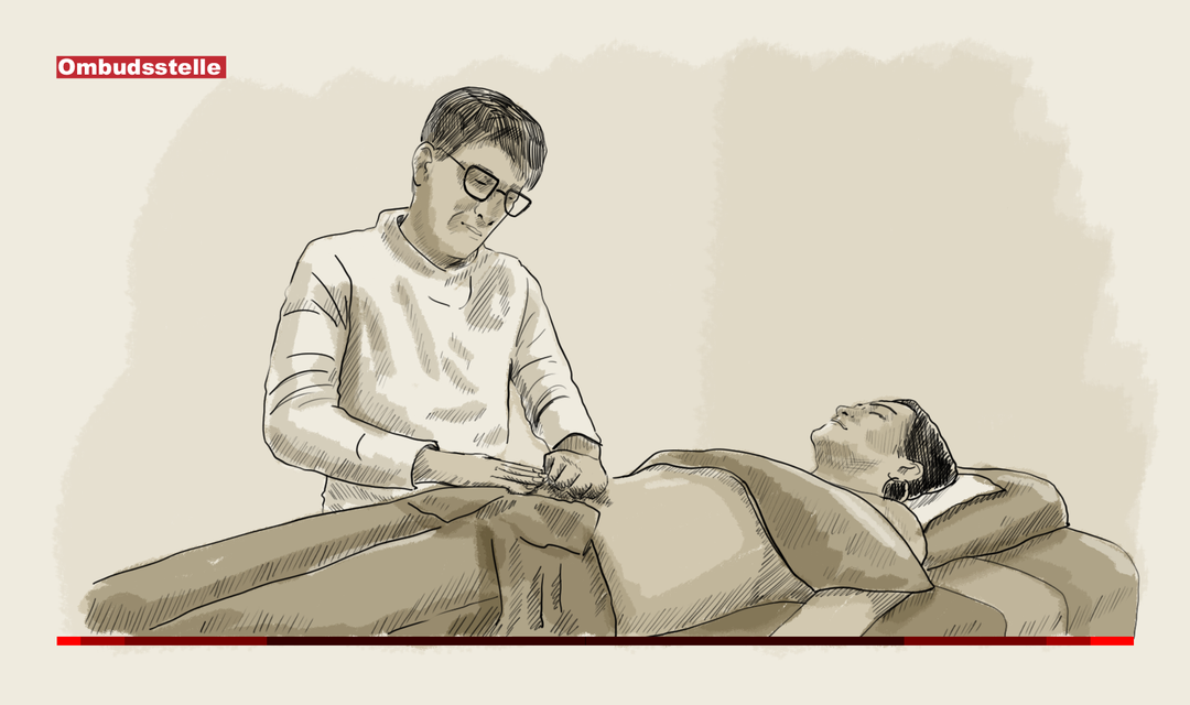 Die Illustration zeigt den porträtierten Heiler und eine liegende Patientin. Der Heiler behandelt die Patientin am Bauch.