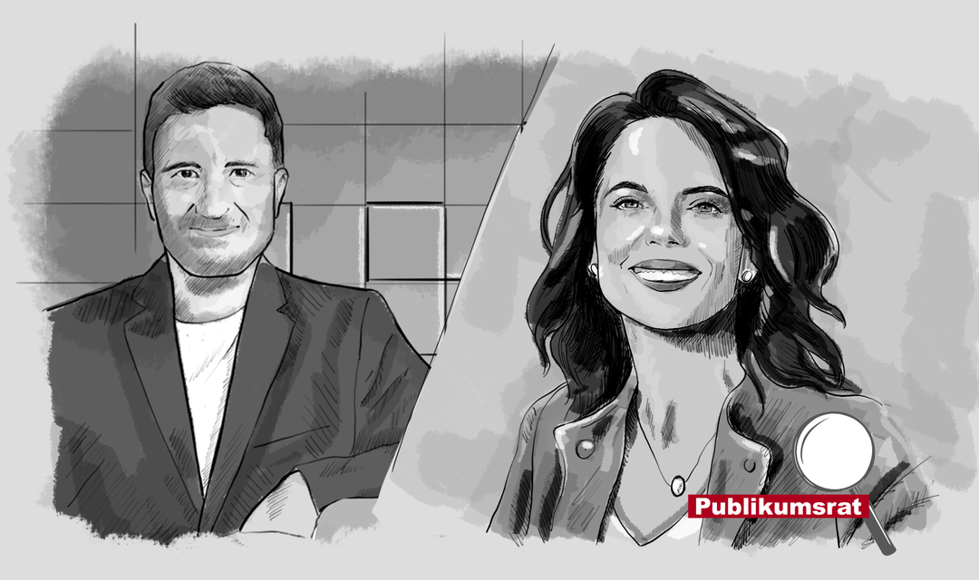 Die Illustration zeigt auf der linken Seite das Porträt von Moderator/Comedian Stefan Büsser. Rechts ist das Porträt von Moderatorin Mona Vetsch abgebildet.