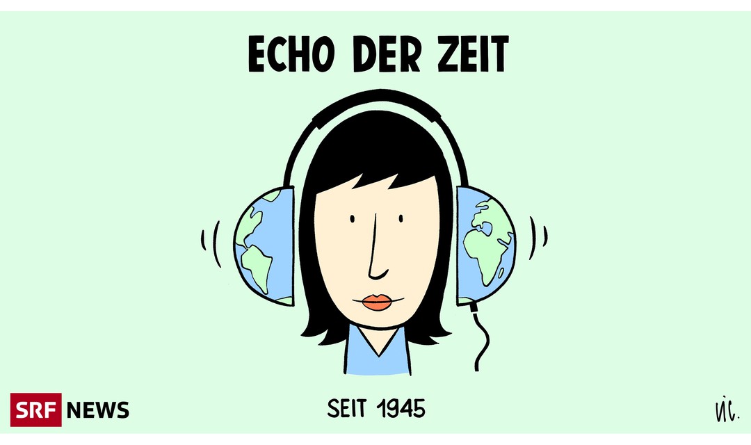 Illustration einer Frau, die eine halbierte Weltkugel als Kopfhörer trägt