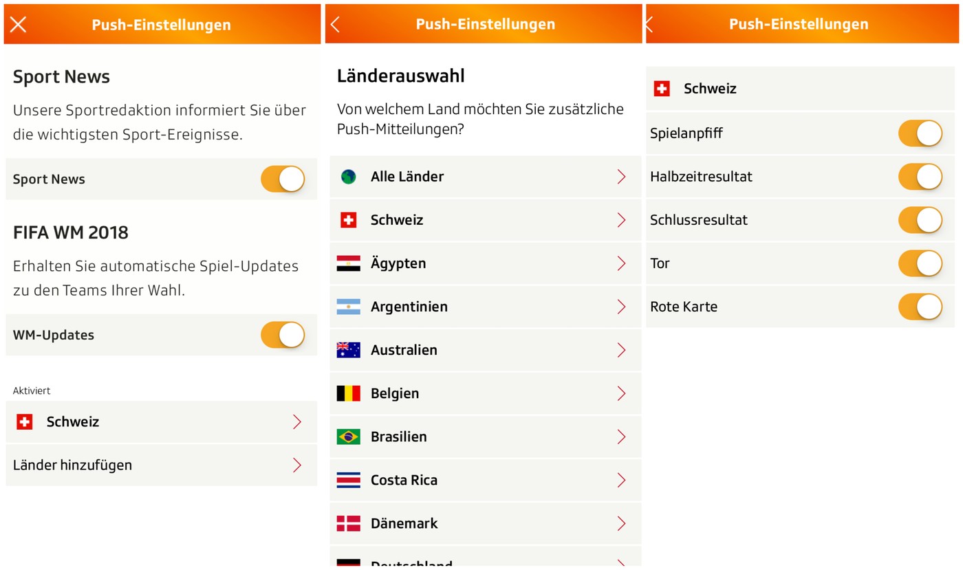 Screenshots der SRF Sport App und deren Push-Einstellungen