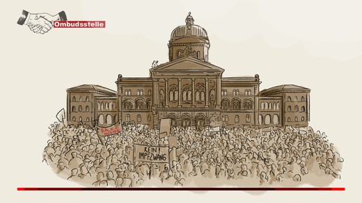 Bild von Berichterstattung über Corona-Demos vor der Ombudsstelle