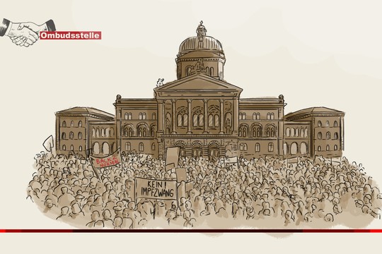 Bild von Berichterstattung über Corona-Demos vor der Ombudsstelle