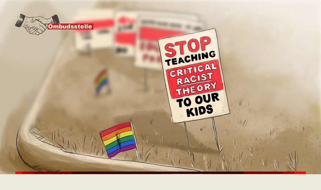 Illustration eines «CRT»-Plakats in einem Garten.