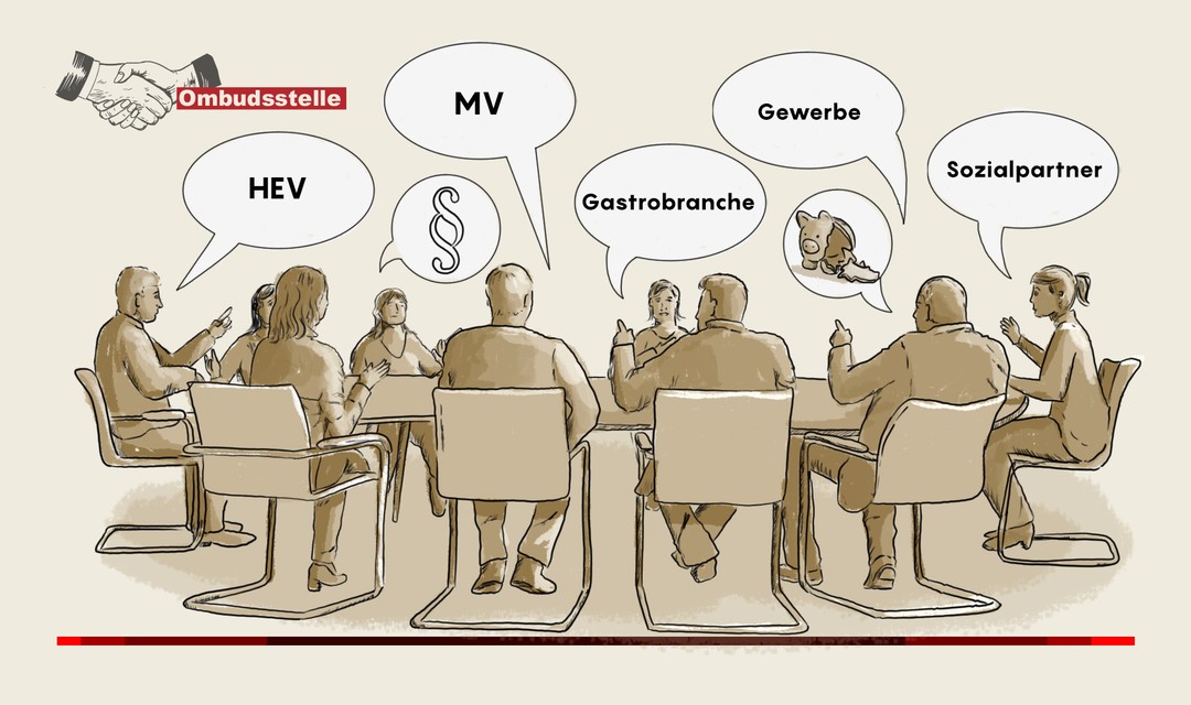 Die Illustration zeigt einen runden Tisch mit diskutierenden Männern und Frauen.
