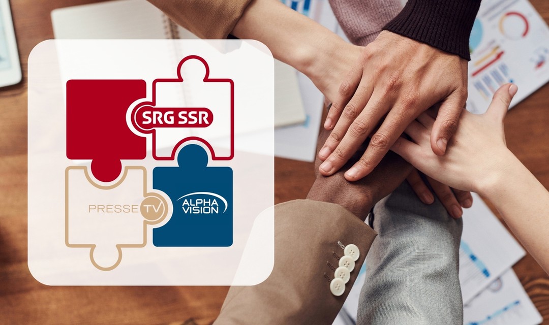 Verschiedene Hände liegen aufeinander, daneben die Logos von SRG, Alpha Vision und Presse TV AG als Puzzleteile dargestellt