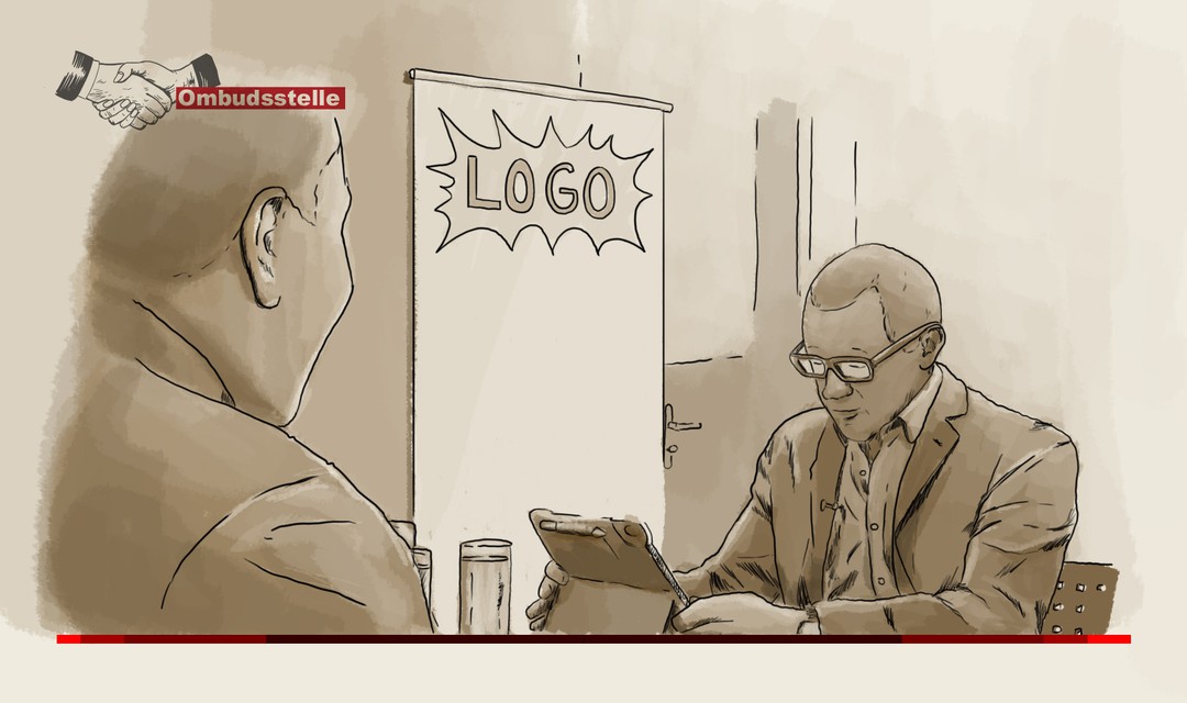 Die Illustration zeigt einen Stellenbewerber und ein Bewerbungscoach im Gespräch an einem Tisch. Im Hintergrund eine Stellwand mit der knalligen Schriftzug "Logo"