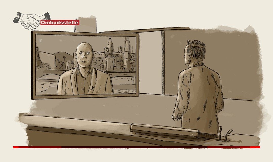 Illustration des Tagesschau-Studios, links ein Bildschirm mit der Schaltung zum Moskau-Korrespondenten Christoph Wanner