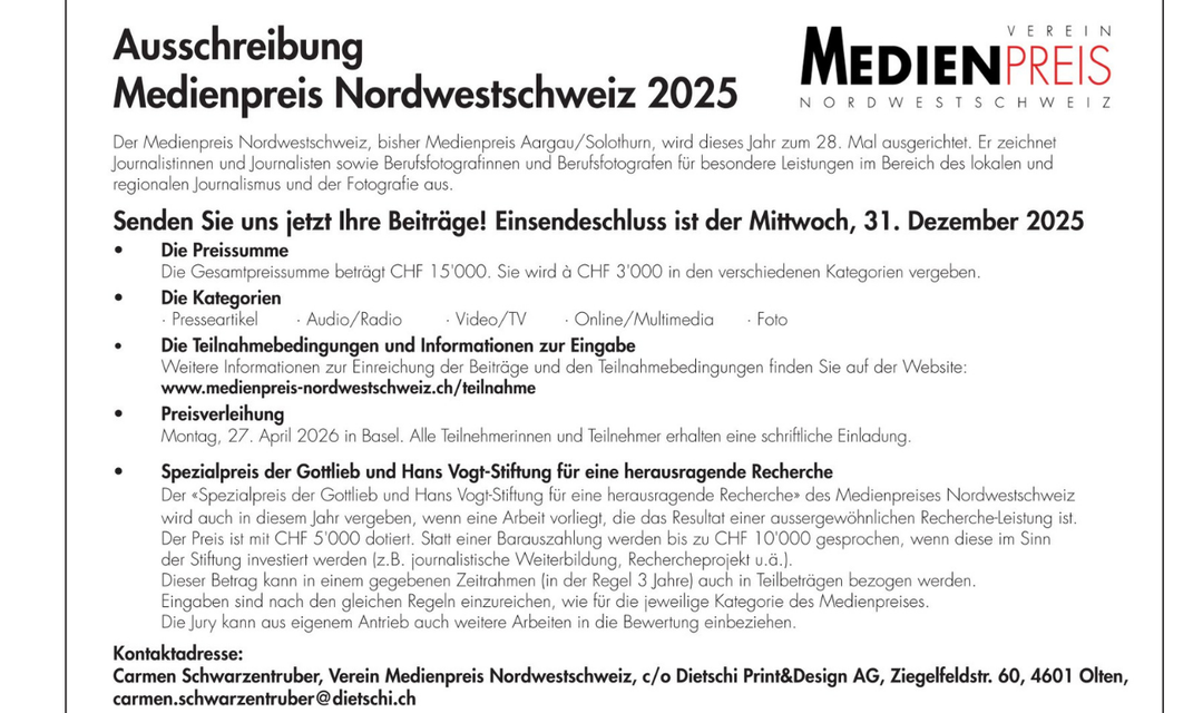 Bild von Ausschreibung Medienpreis Nordwestschweiz 2025