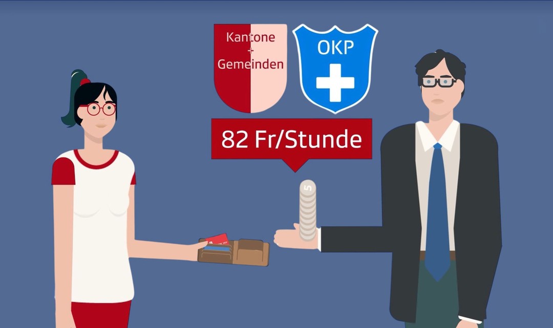 Die Illustration zeigt eine pflegende Angehörige, die Geld von einem Vertreter einer privaten Spitex-Firma entgegennimmt.