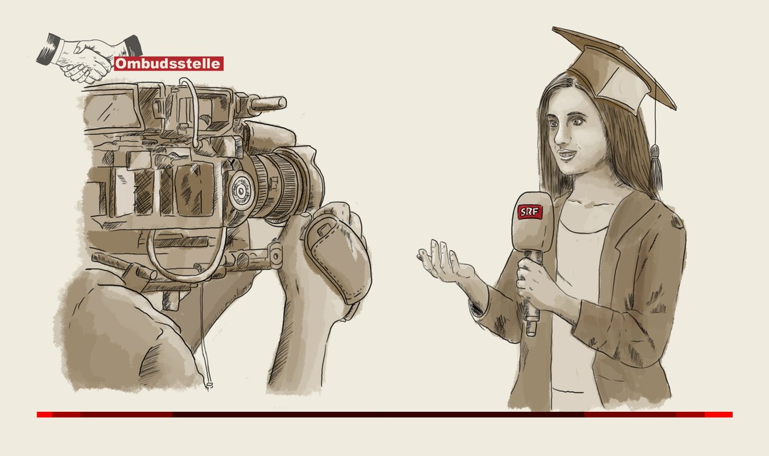 Die Illustration zeigt eine Journalistin mit Doktorhut und SRF-Mikrofon, die etwas vor der Kamera erklärt
