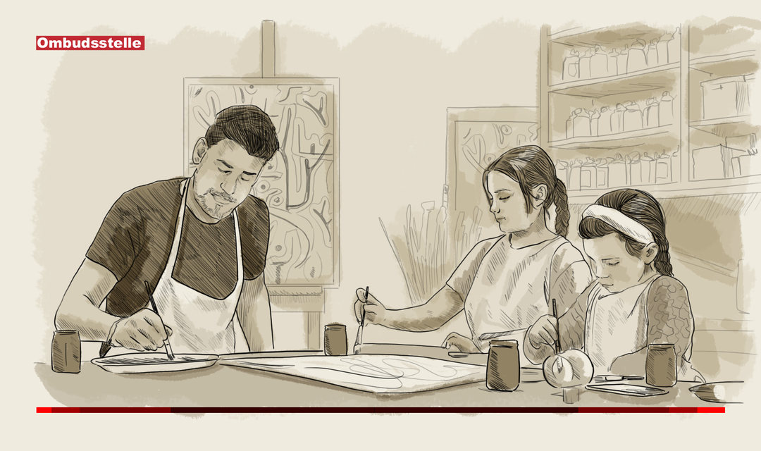 Illustration von Kuppelkids, Kinder mit Mann am Tisch