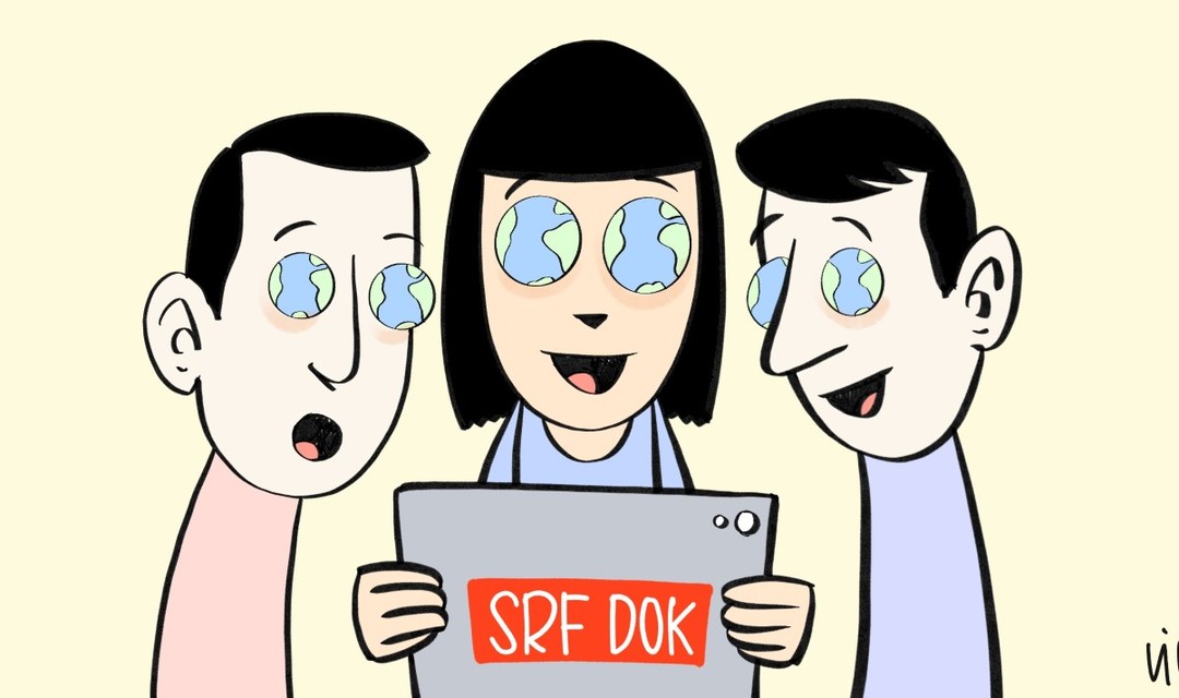 Illustration von drei Personen, welche auf dem Tablet eine DOK schauen