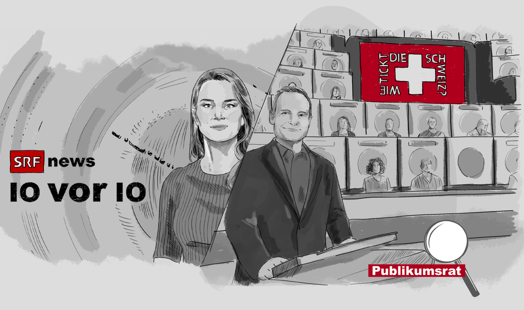 Die Illustration zeigt auf der linken Seite das Sendungslogo von "10vor10" und das Porträt von Moderatorin Wasiliki Goutziomitros. Auf der rechten Seite ist das Studiodekor von "Wie tickt die Schweiz" mit einem Porträt von Moderator Claudio Zuccolini abgebildet.