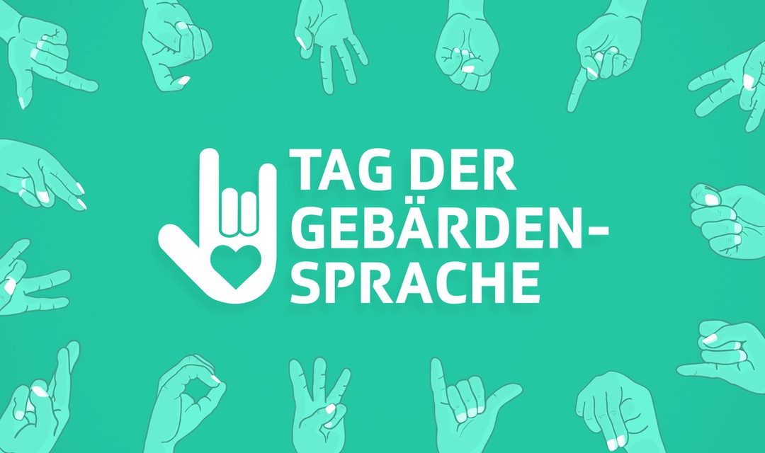 Verschiedene gebärdende Hände ragen ins Bild, in der Mitte steht der Titel «Tag der Gebärdensprache»