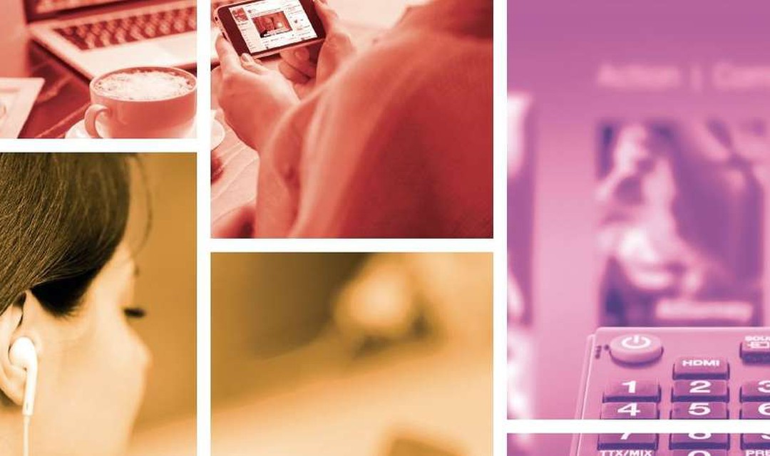Bildcollage in Pastellfarben. Eine Frau im Profil mit Kopfhörer, eine Fernbedienung, eine Person, die ein Handy hält sowie ein Laptop vor einer Tasse Kaffee