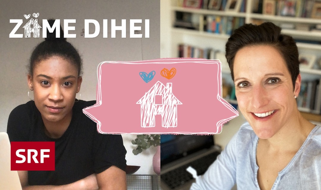 Keyvisual vom Podcast «Zäme Dihei». Lena und Caro sind darauf in ihrem jeweiligen Zuhause zu sehen