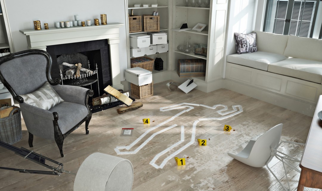 In einem Wohnzimmer sind die Spuren markiert, die ein Einbrecher hinterlassen hat