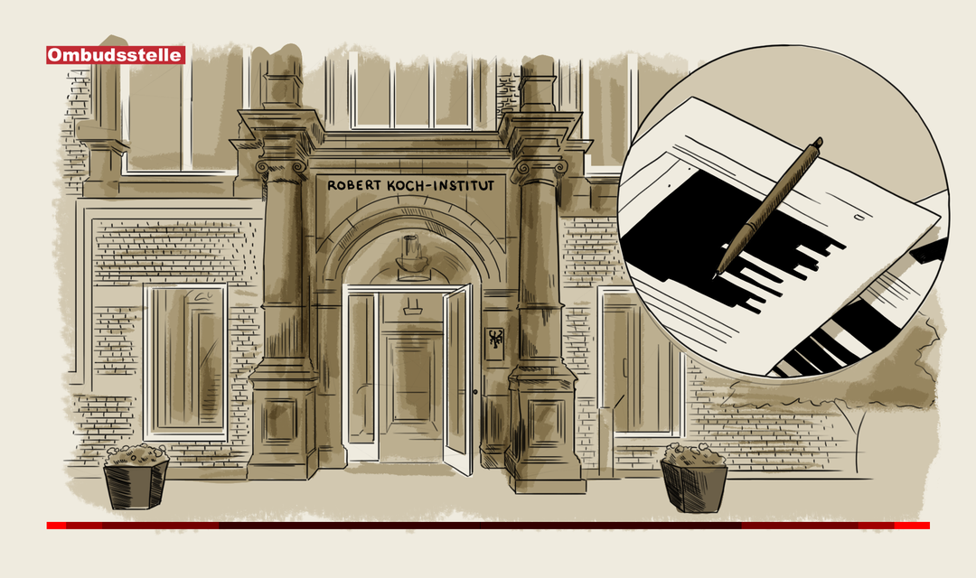 Illustration Robert Koch Institut, daneben geschwärzte Dokumente