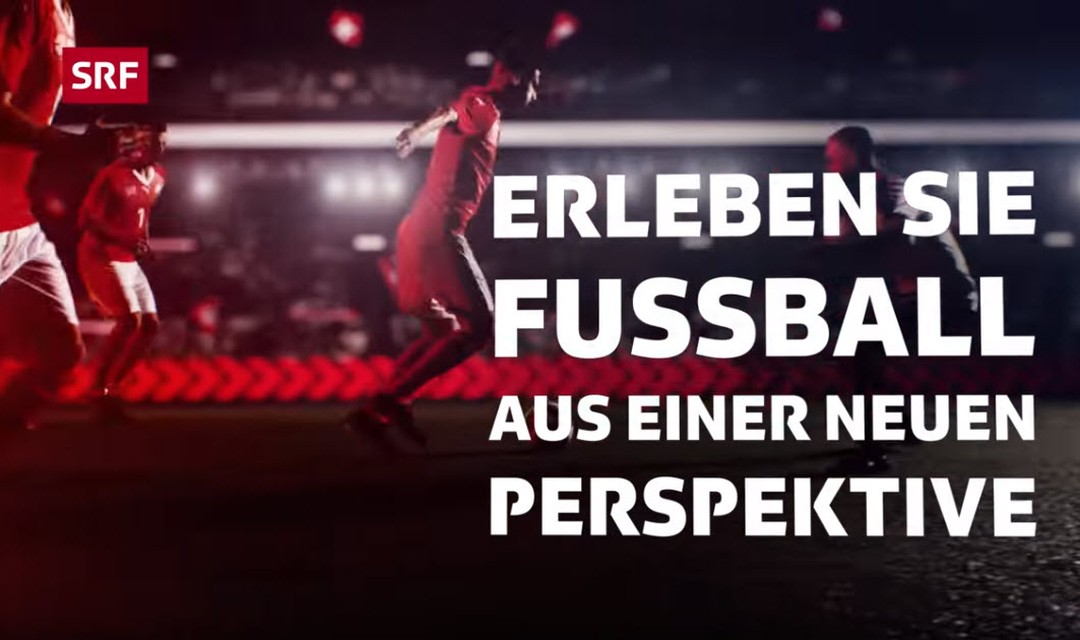 Screenshot aus Trailer zur SRf Sport App mit Schriftzug «Fussball aus einer neuen Perspektive»