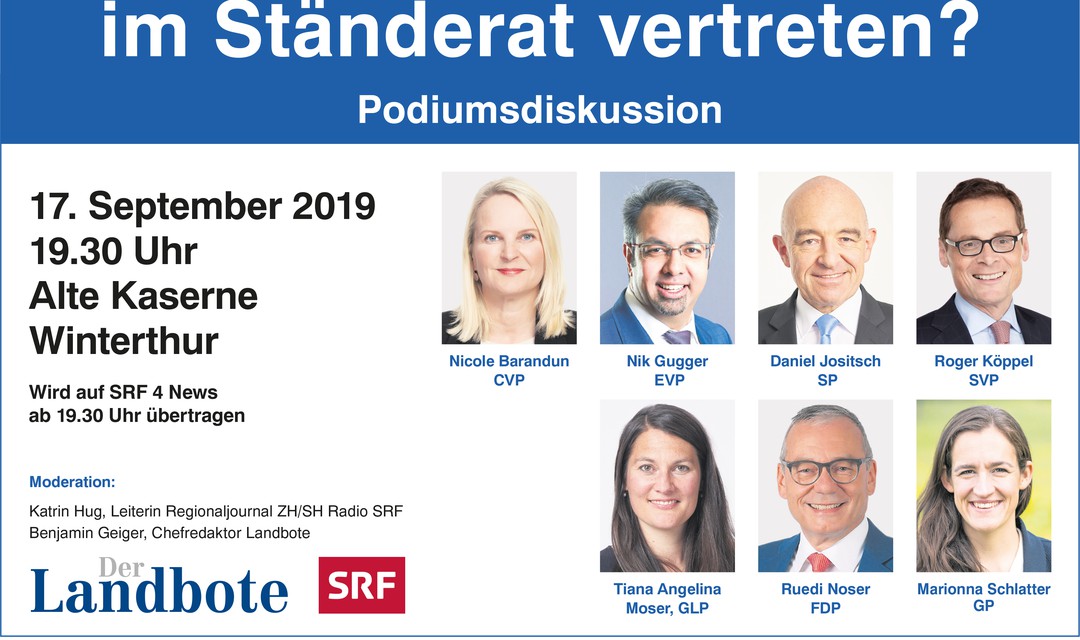 Bild von Wahlpodium mit den sieben Ständerratskandidaten 