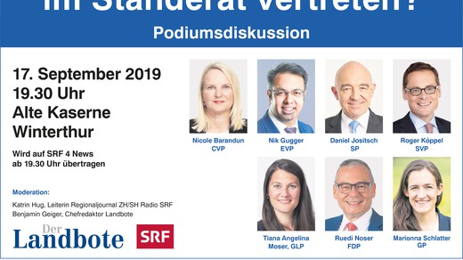 Bild von Wahlpodium mit den sieben Ständerratskandidaten 